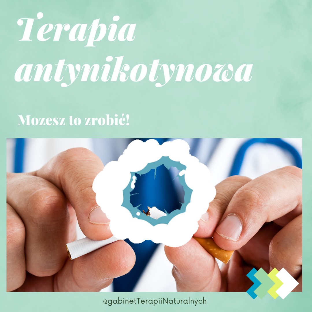 Grafika z hasłem 'Terapia antynikotynowa', przedstawiająca dłonie lekarza trzymające połamane papierosy, symbolizujące rzucenie palenia, na tle białego fartucha i stetoskopu.