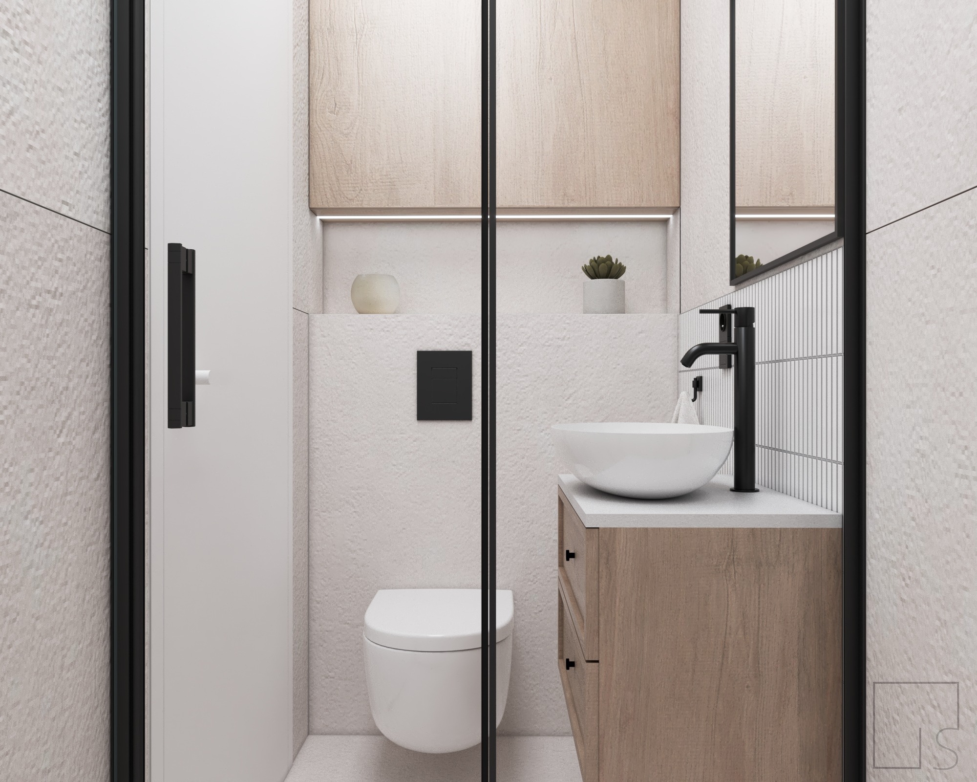 Nowoczesna łazienka z wiszącą toaletą i umywalką nablatową na drewnianej szafce, akcentowana czarną armaturą i subtelnym oświetleniem LED.