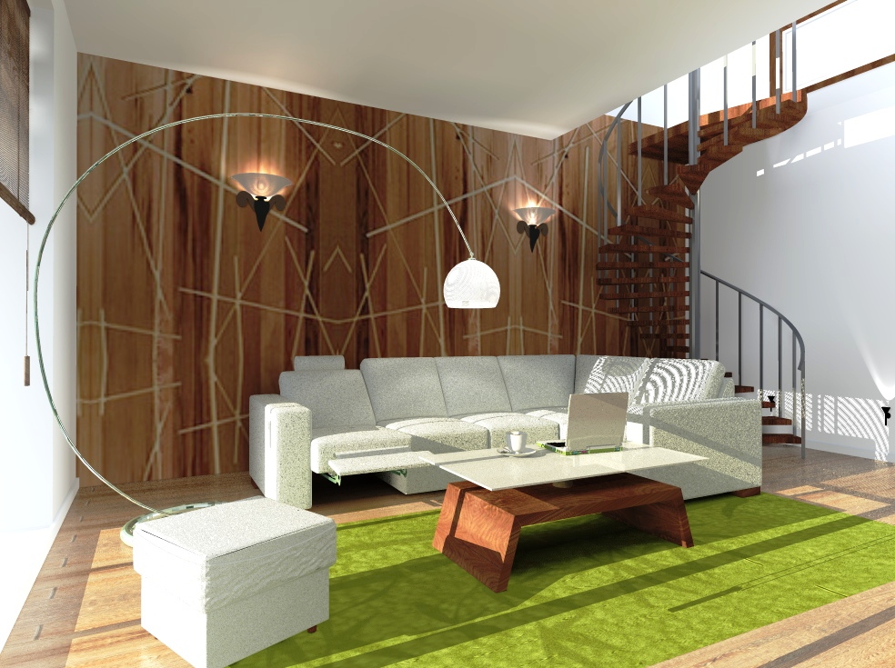 Wizualizacja salonu z szarą sofą modułową, drewnianym stolikiem kawowym, zielonym dywanem, spiralnymi schodami i dekoracyjną ścianą z lampami ściennymi.