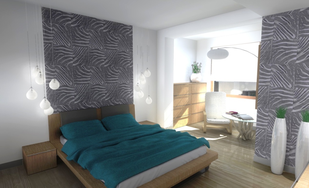 Wizualizacja sypialni z łóżkiem z drewnianą ramą i turkusową pościelą, szarą tapetą w geometryczny wzór, wiszącymi lampami z mlecznymi kloszami i minimalistycznym stolikiem kawowym z krzesłem w tle.