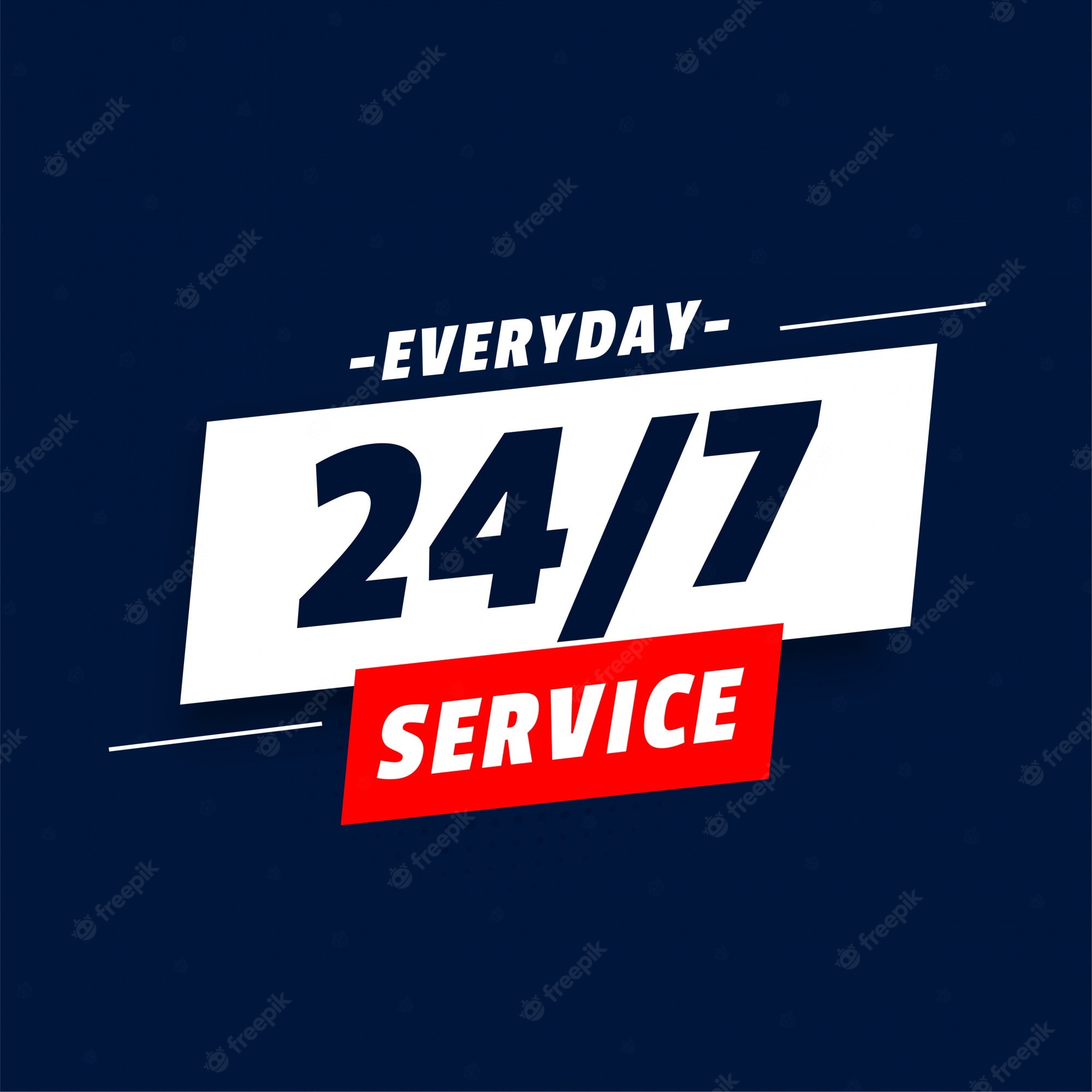 Grafika wektorowa przedstawiająca napis 'Everyday 24/7 Service' na ciemnoniebieskim tle.