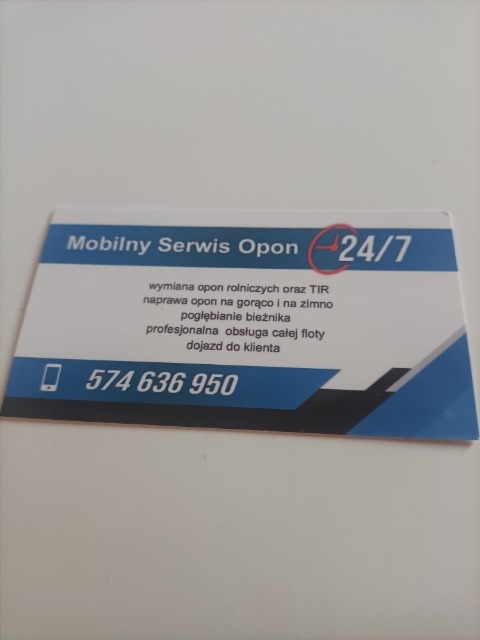 Wizytówka mobilnego serwisu opon z numerem telefonu i informacją o wymianie opon rolniczych i TIR, naprawie na gorąco i zimno, pogłębianiu bieżnika i obsłudze flot, dostępna 24/7.