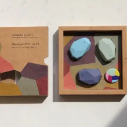 Developer Preview Kit z trzema beaconami Bluetooth Low Energy w kształcie zaokrąglonych rombów (niebieski, zielony, fioletowy) oraz okrągła przypinka z geometrycznym wzorem, zapakowane w kartonowe...