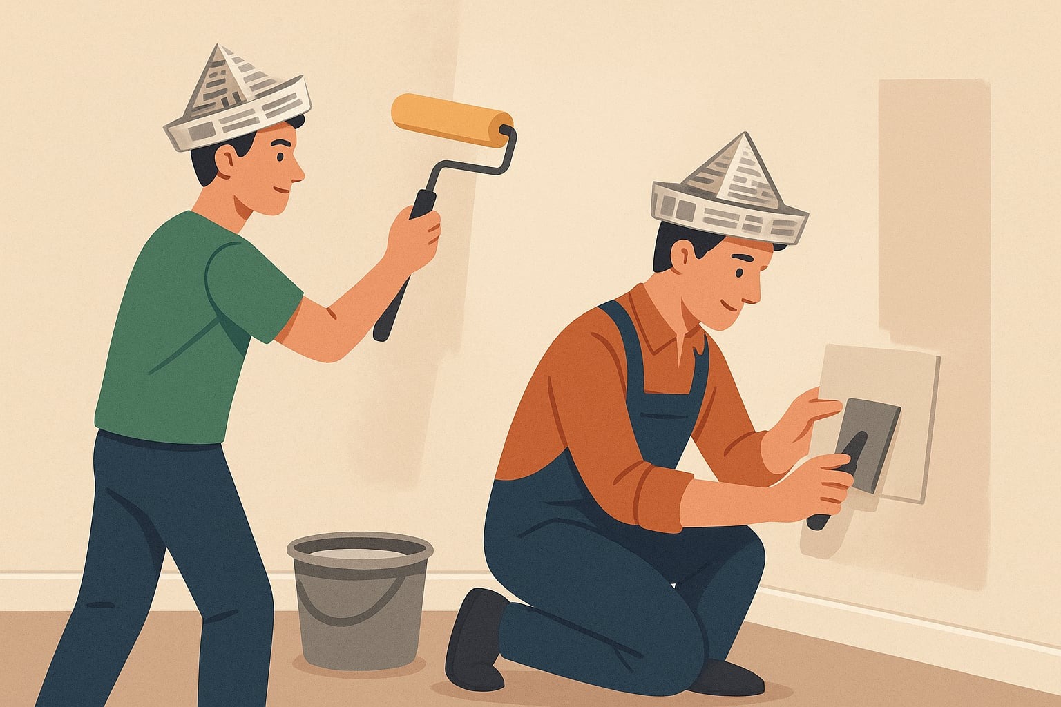 Dwóch malarzy w papierowych czapkach od gazety: jeden wałkiem, drugi szpachelką wyrównuje ścianę. Obok wiadro z farbą. Ilustracja w ciepłych barwach.