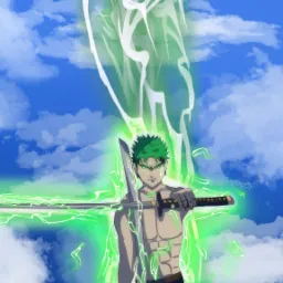 Ilustracja postaci z zielonymi włosami i kataną, otoczonej zieloną energią na tle błękitnego nieba z chmurami.