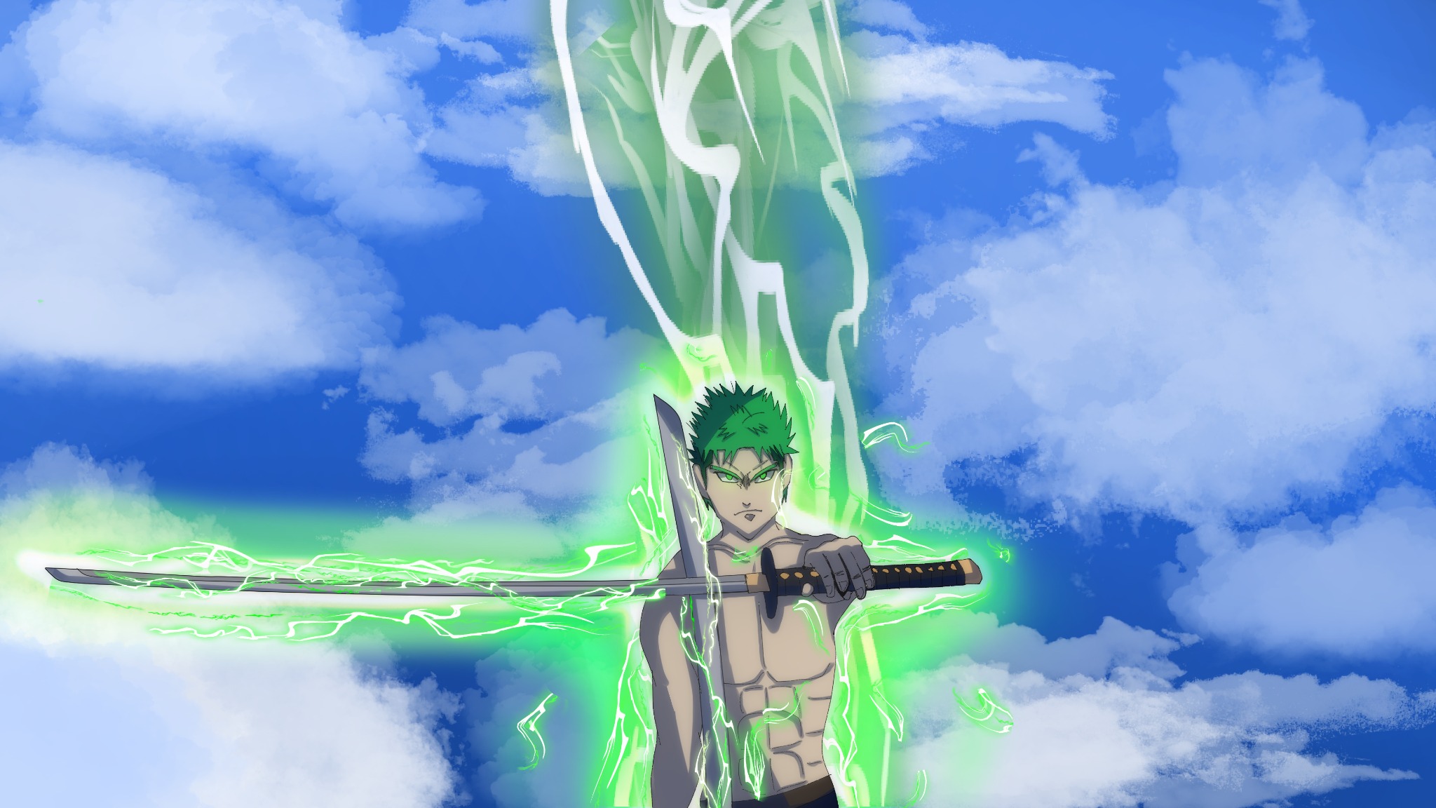 Ilustracja postaci z zielonymi włosami i kataną, otoczonej zieloną energią na tle błękitnego nieba z chmurami.