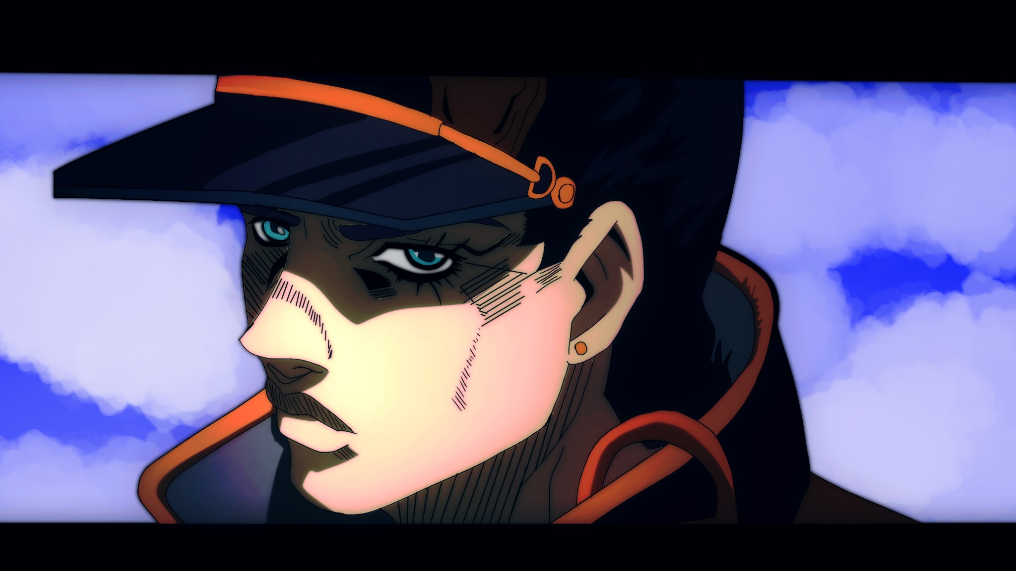 Stylizowany portret postaci z mangi w czapce z daszkiem, z błękitnymi oczami i mocnym cieniowaniem, na tle przypominającym obłoki.