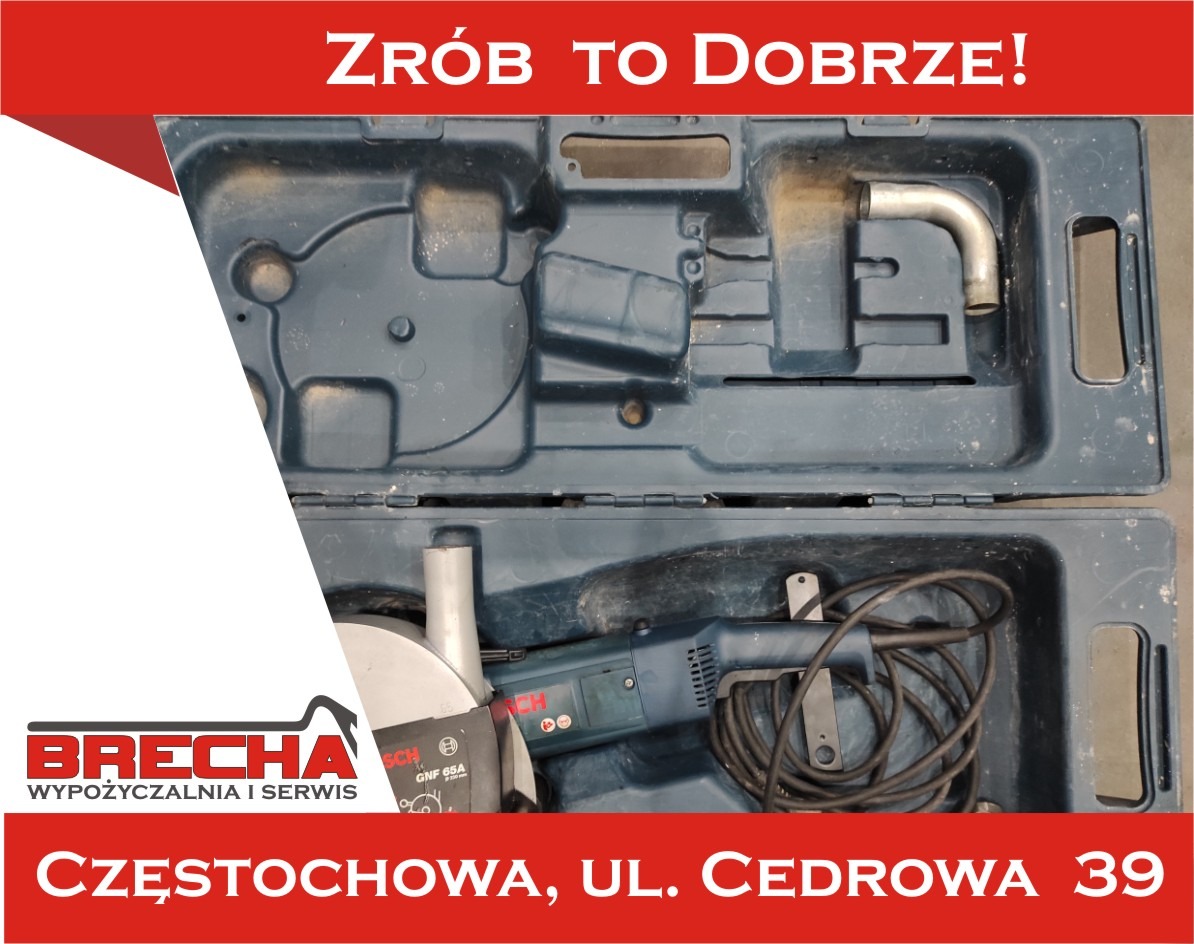 Otwarta walizka z niebieskim urządzeniem do cięcia i akcesoriami; widoczny kabel, tarcza tnąca i metalowa rura. Na zdjęciu widoczne logo wypożyczalni sprzętu budowlanego.