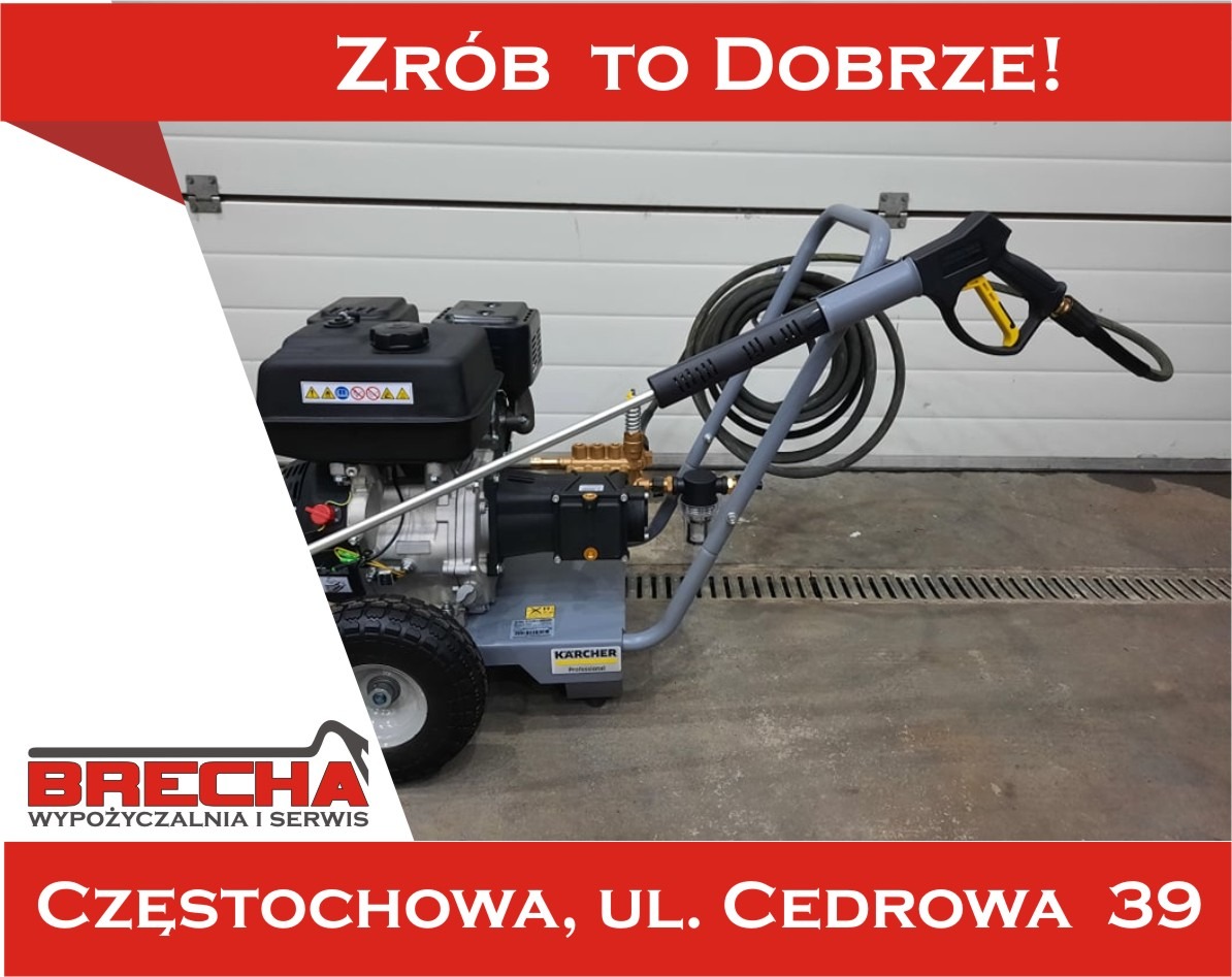 Profesjonalna myjka ciśnieniowa Karcher z silnikiem spalinowym, widoczny pistolet z lancą, wąż wysokociśnieniowy i logo firmy Brecha Częstochowa.