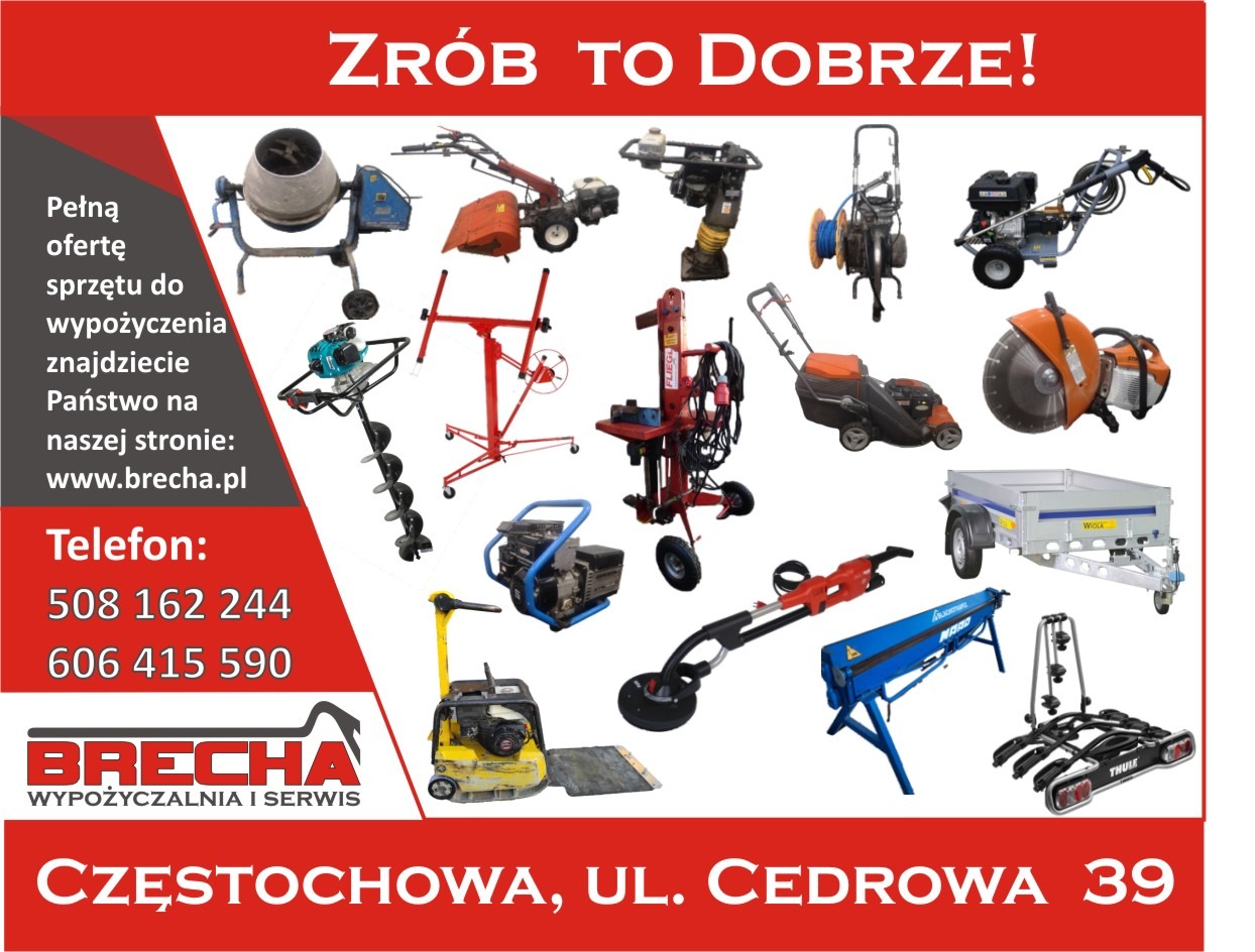 Kolaż różnorodnego sprzętu budowlanego i ogrodniczego, w tym betoniarki, glebogryzarki, zagęszczarki, wiertnice glebowe, podnośniki, piły do betonu, przyczepy, giętarki do blachy i inne...