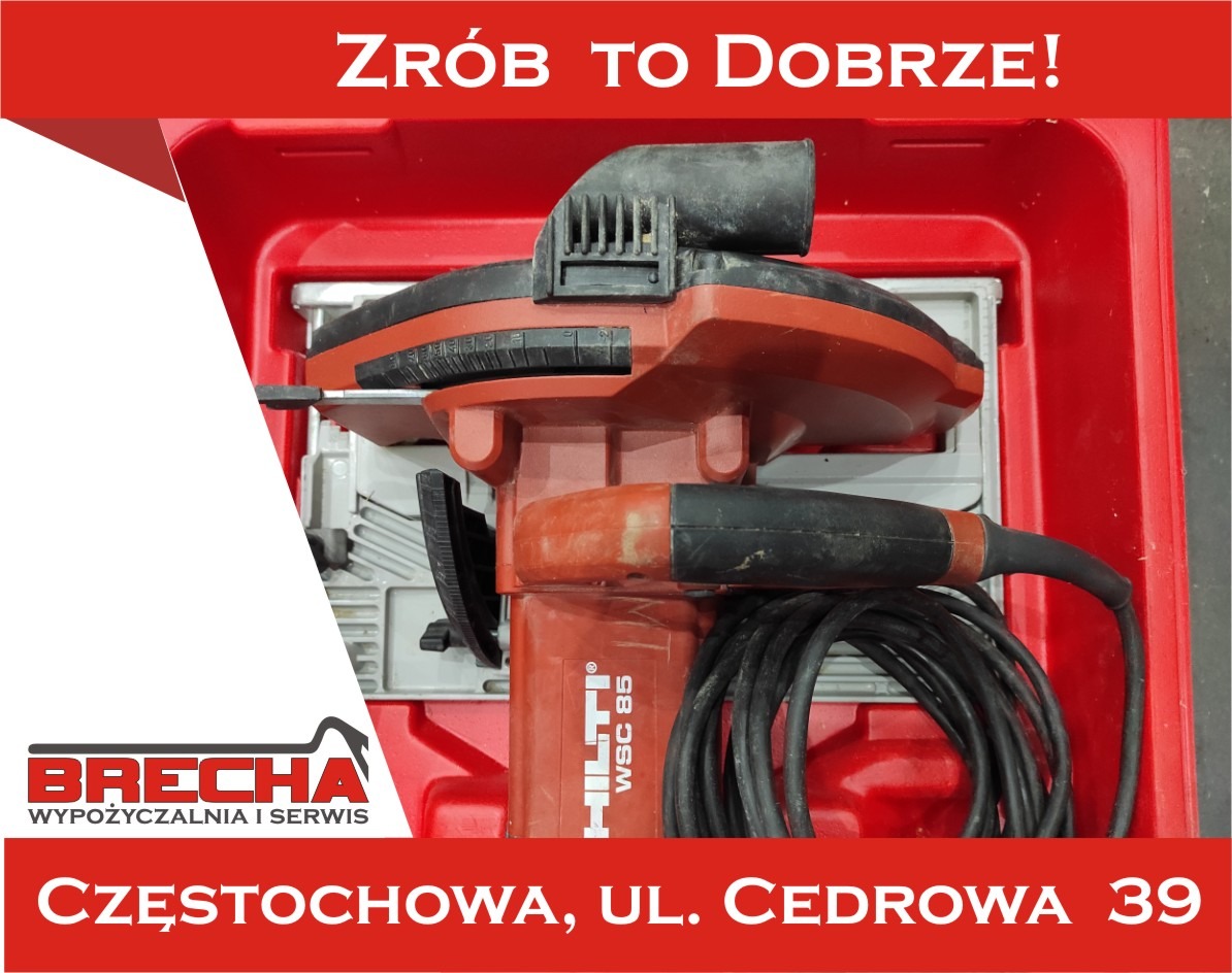 Czerwona piła do cięcia betonu Hilti WSC 85 w czerwonej skrzynce, widoczny kabel zasilający, logo firmy Brecha z Częstochowy na czerwonym tle.