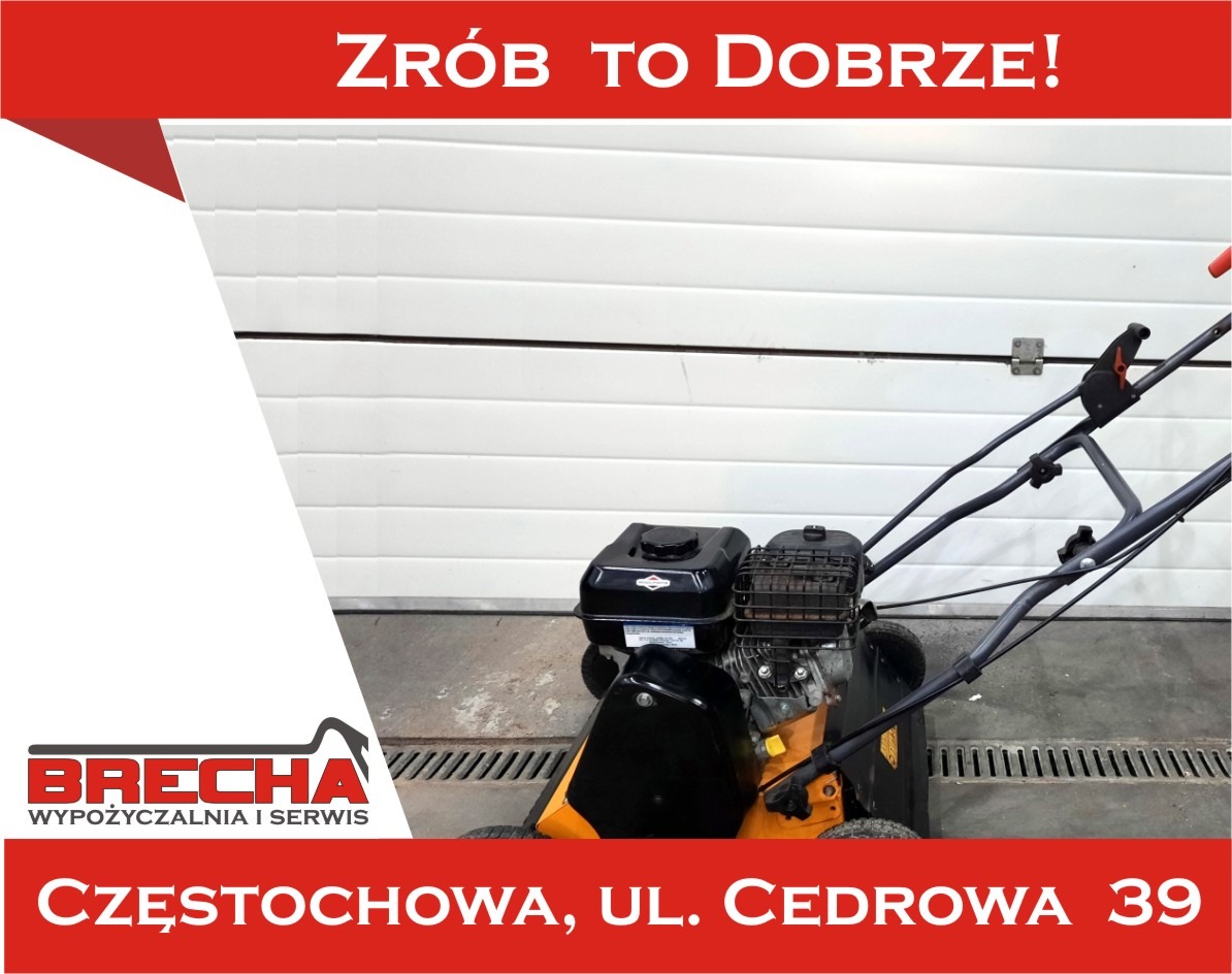 Żółto-czarna glebogryzarka spalinowa z silnikiem Briggs & Stratton, na tle białej bramy garażowej i logo firmy Brecha.