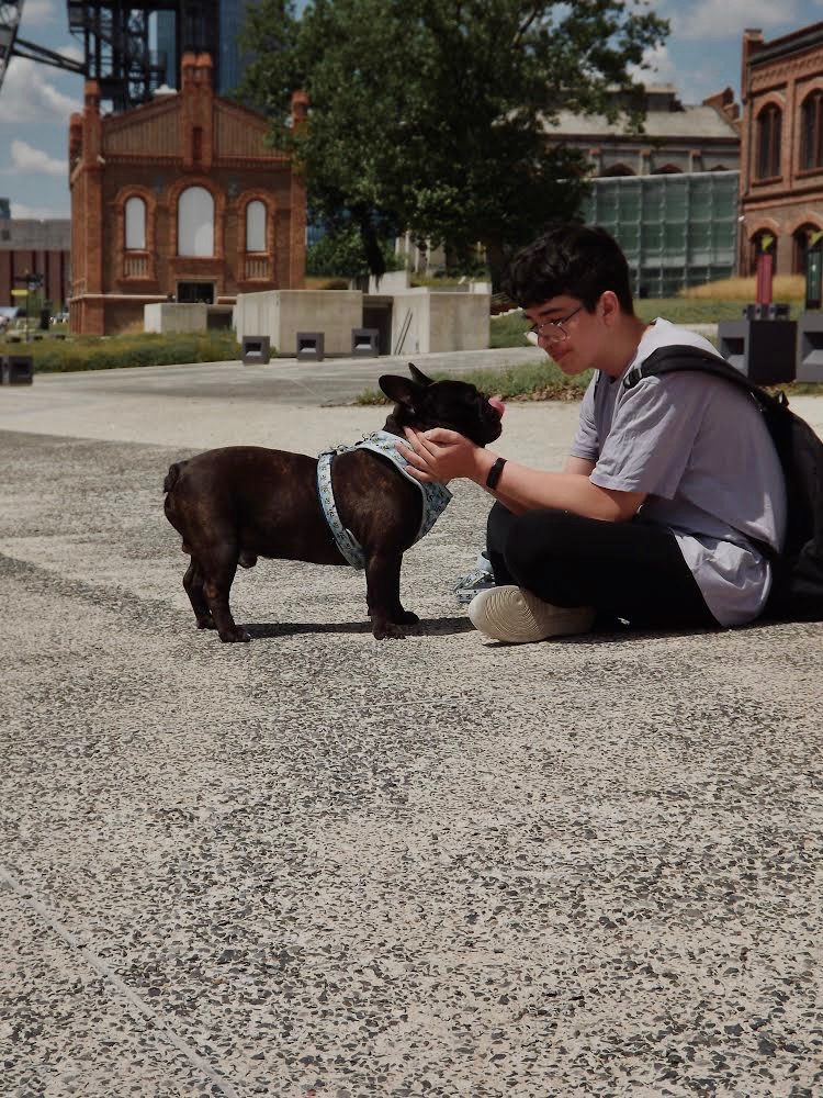 Młody mężczyzna w okularach, siedząc na betonowym placu, delikatnie trzyma pysk ciemnego buldoga francuskiego w uprzęży; w tle budynki z czerwonej cegły i zieleń.