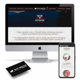 Prezentacja responsywnej strony internetowej Beef Master na monitorze i smartfonie, obok wizytówka firmy z logo na czarnym tle.