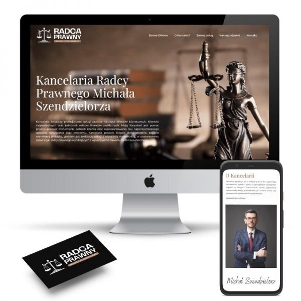 Prezentacja responsywnej strony internetowej kancelarii radcy prawnego na monitorze i smartfonie, obok wizytówka z logo kancelarii.