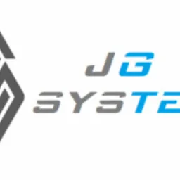 Logo firmy JG System z geometrycznym symbolem przypominającym splecione litery 'S' w kolorze szarym, obok napis 'JG' szarym fontem i 'SYSTEM' niebieskim fontem, całość na białym tle.