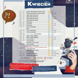 Natalia Mazurkiewicz-Szafarska - Plakat Teatru Groteska w Krakowie na kwiecień 2025. Zawiera listę spektakli, daty, godziny i informacje o salach (teatralna, kopułowa, kawiarnia).
