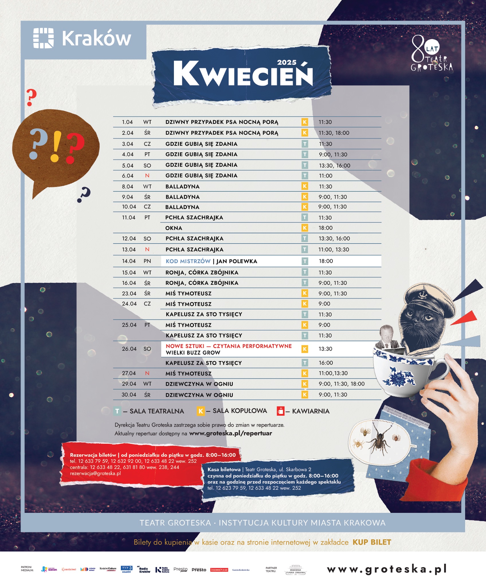 Plakat Teatru Groteska w Krakowie na kwiecień 2025. Zawiera listę spektakli, daty, godziny i informacje o salach (teatralna, kopułowa, kawiarnia).