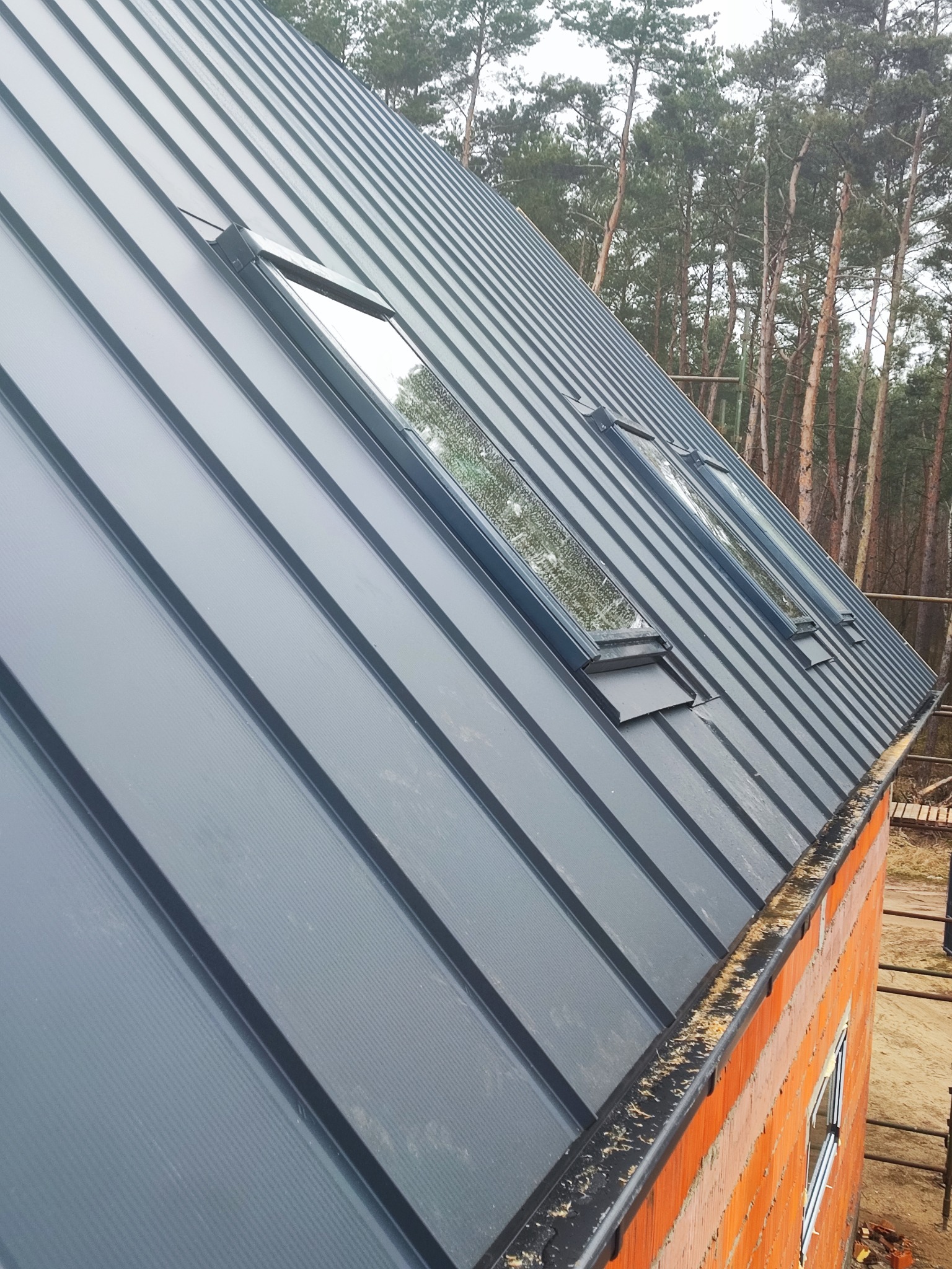 Nowy, grafitowy dach z blachy na surowej, ceglanej konstrukcji domu, z trzema oknami dachowymi, na tle lasu.