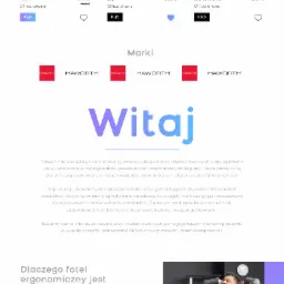 Układ strony internetowej sklepu z fotelami biurowymi, prezentujący ergonomiczne krzesło na banerze głównym, kategorie produktów (krzesła, biurka, akcesoria) oraz polecane modele z cenami.