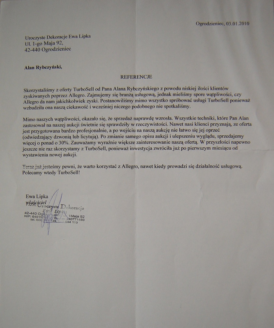 OPINIA KLIENTA - strona www, allegro