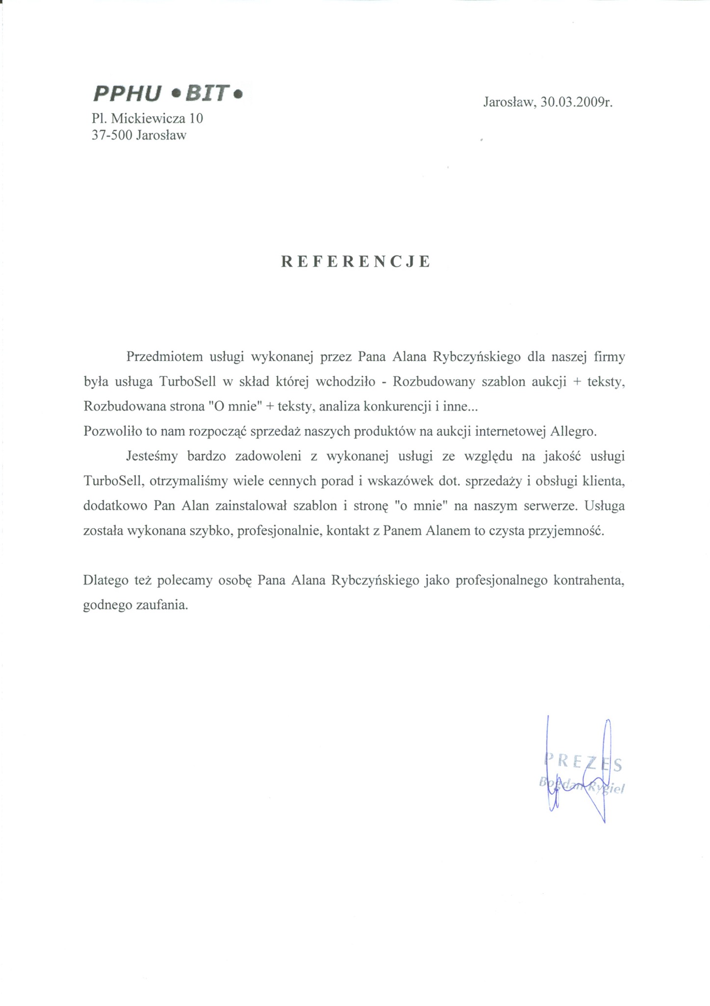 Skan dokumentu referencyjnego dla usługi TurboSell, obejmującej rozbudowę szablonu aukcji Allegro, strony 'O mnie', teksty i analizę konkurencji, wystawionego przez PPHU BIT w Jarosławiu...