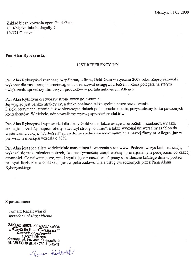 Skan listu referencyjnego dla firmy Gold-Gum, potwierdzający stworzenie strony internetowej i usługi TurboSell, z datą 11.03.2009.