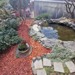 Oczko wodne z kamiennym brzegiem, otoczone czerwonymi zrębkami i roślinnością, z kamienną ścieżką i metalowym ogrodzeniem w tle.
