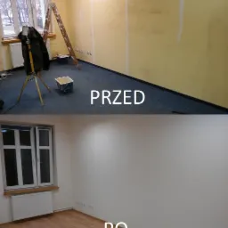 Porównanie stanu pokoju przed i po malowaniu: żółta ściana z widocznymi śladami po gładzi szpachlowej, drabina i wiadro z farbą na dywanie (PRZED) kontra świeżo pomalowana na biało ściana...