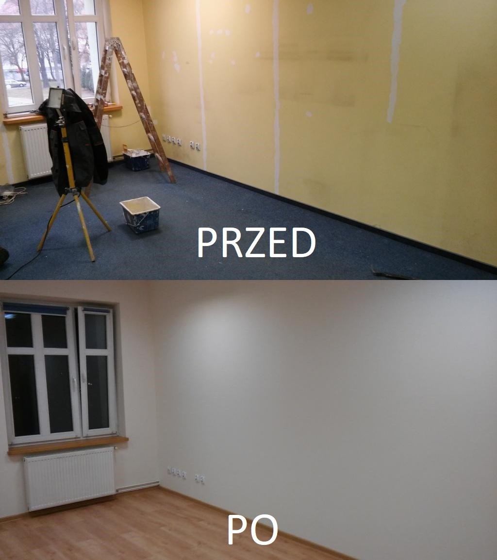 Porównanie stanu pokoju przed i po malowaniu: żółta ściana z widocznymi śladami po gładzi szpachlowej, drabina i wiadro z farbą na dywanie (PRZED) kontra świeżo pomalowana na biało ściana...