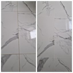 Aneta Surowiec Czyste Wnętrze - Porównanie czystości płytek podłogowych imitujących marmur, widoczne zabrudzenia w fugach po lewej stronie i czyste fugi po prawej stronie.