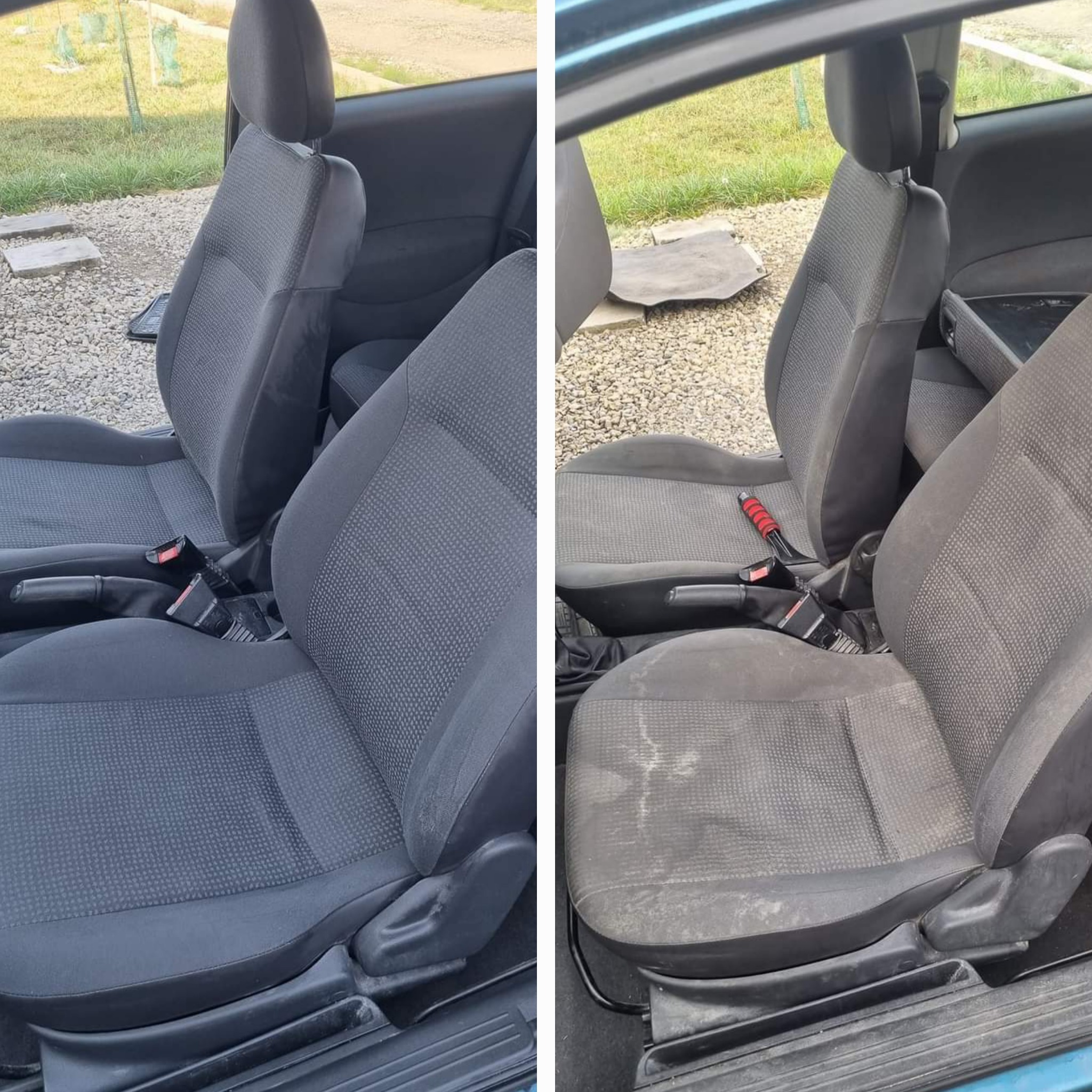Porównanie fotela samochodowego przed i po czyszczeniu: po lewej stronie fotel czysty, po prawej widoczne plamy i zabrudzenia.