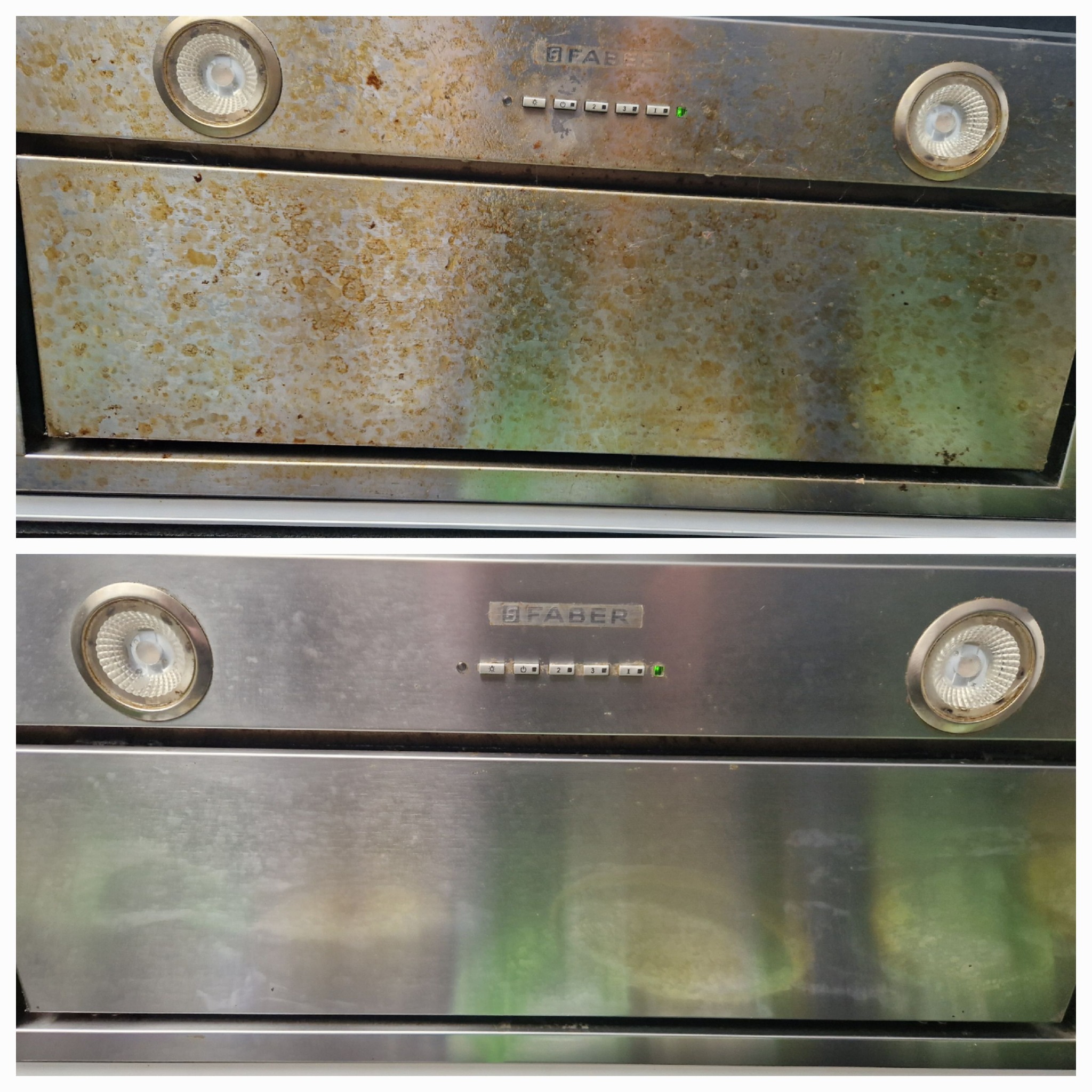 Porównanie stanu okapu kuchennego Faber przed i po czyszczeniu, widoczne silne zabrudzenia tłuszczem i osadem na górnej części zdjęcia oraz czysta, błyszcząca powierzchnia na dolnej części.