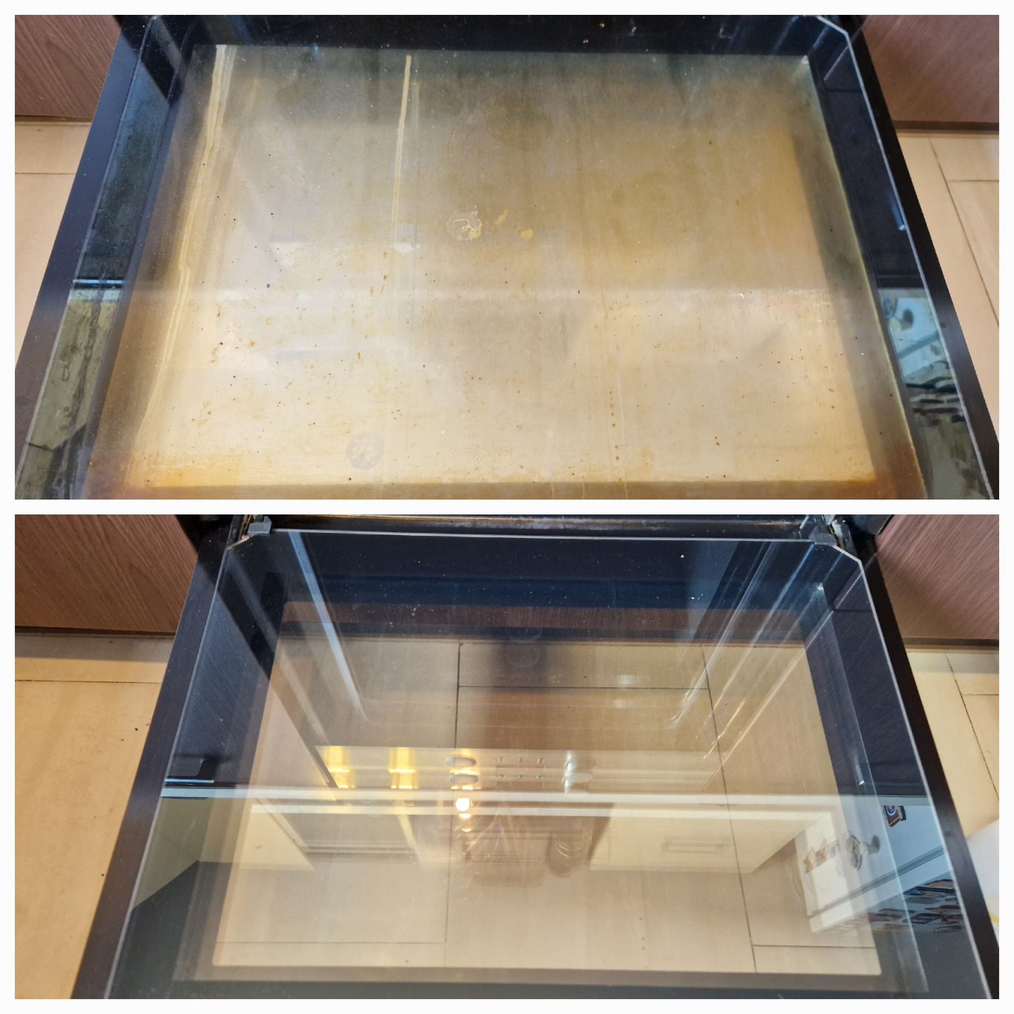 Porównanie wnętrza szyby piekarnika przed i po czyszczeniu, widoczne silne zabrudzenia tłuszczem i przypaleniami w górnej części oraz czysta powierzchnia po zabiegu w dolnej części zdjęcia.
