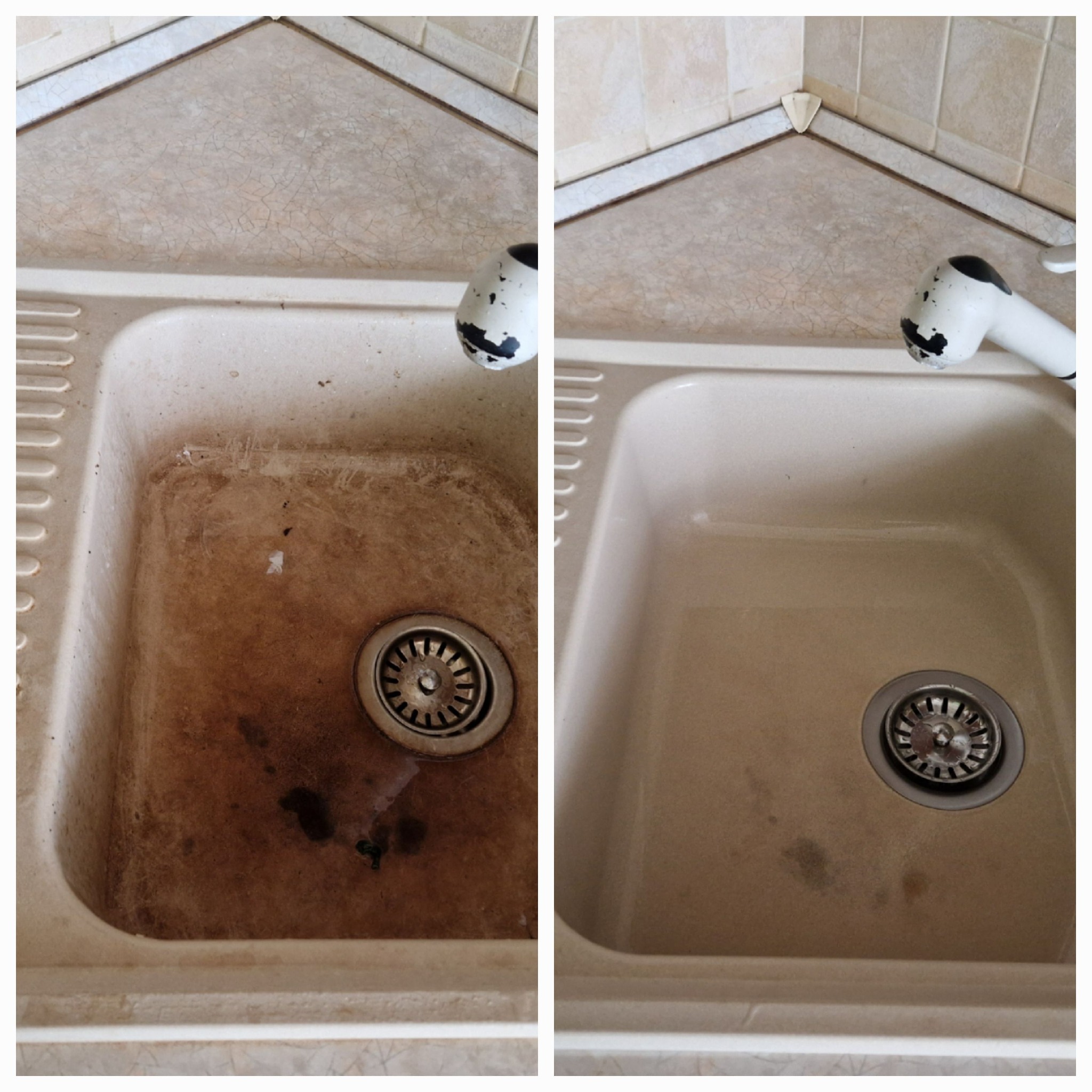 Porównanie zlewu kuchennego przed i po czyszczeniu: po lewej stronie brudny zlew z widocznymi zabrudzeniami i osadami, po prawej stronie ten sam zlew po umyciu, czysty i lśniący.