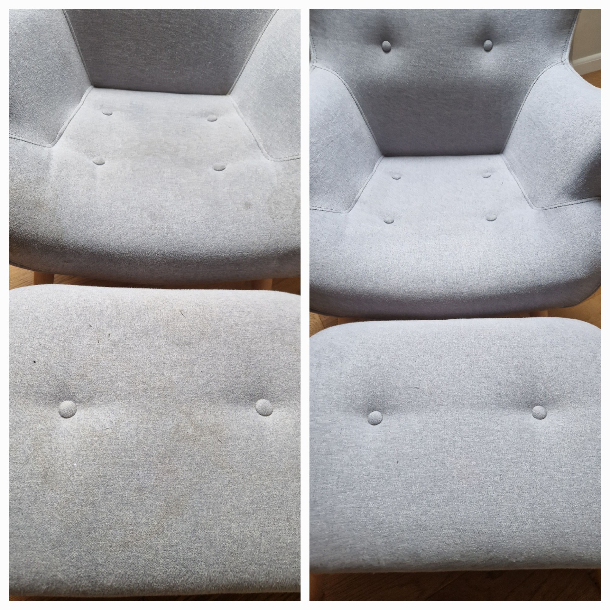 Porównanie fotela i podnóżka przed i po czyszczeniu, widoczne różnice w odcieniu i usunięte zabrudzenia na jasnoszarej tapicerce z guzikami.