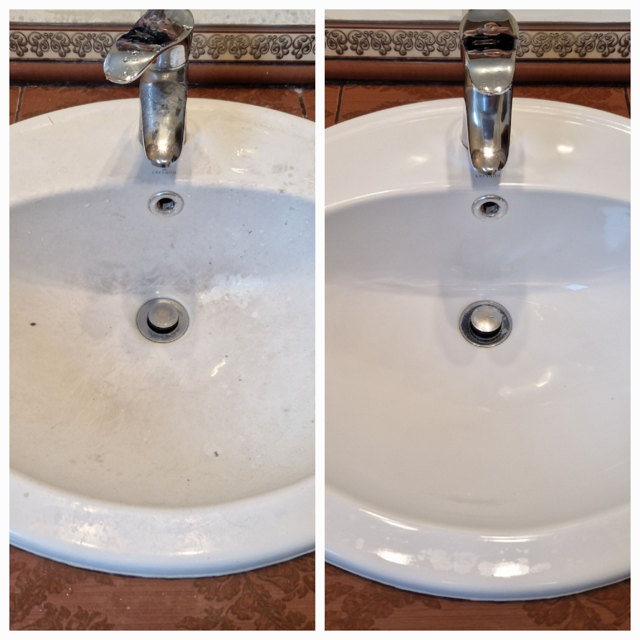 Porównanie umywalki przed i po czyszczeniu, widoczne różnice w połysku ceramiki i usunięte osady, chromowana bateria z widocznymi kroplami wody po prawej stronie.