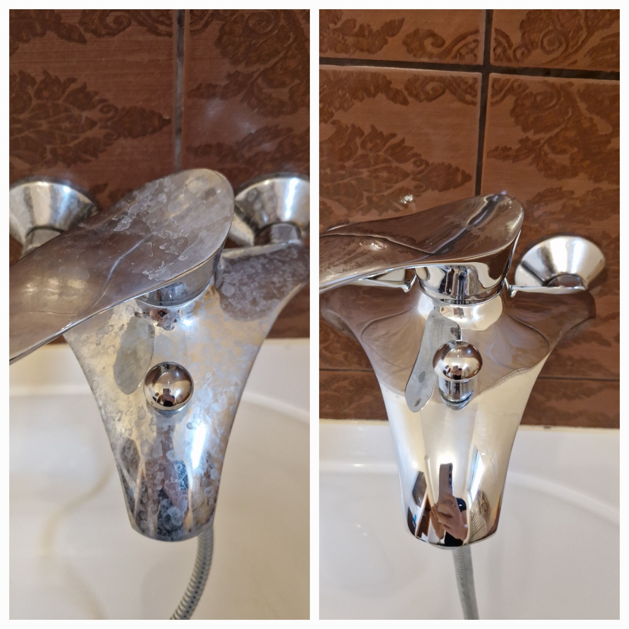 Porównanie baterii łazienkowej przed i po czyszczeniu, widoczne osady kamienia usunięte, połysk przywrócony, brązowe płytki w tle.