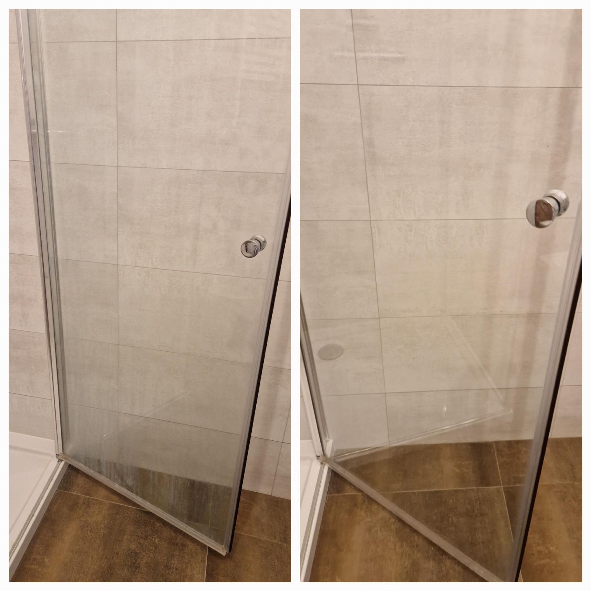 Porównanie przed i po czyszczeniu kabiny prysznicowej: po lewej stronie osady i zacieki, po prawej czysta, przejrzysta szyba