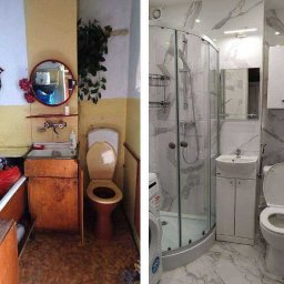 VASYL TSIUPA - Porównanie łazienki przed i po: po lewej stronie zaniedbane wnętrze z brudną toaletą i umywalką, po prawej odnowiona przestrzeń z kabiną prysznicową, marmurowymi płytkami i nową armaturą.