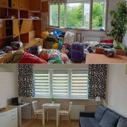 VASYL TSIUPA - Zdjęcie przedstawia porównanie stanu pokoju przed i po pracach remontowych: górna część ukazuje zagracone pomieszczenie z otwartymi oknami, workami i starymi meblami, dolna część prezentuje...