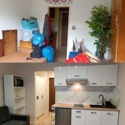 VASYL TSIUPA - Porównanie stanu mieszkania przed i po remoncie: zagracony pokój z workami i starą kuchnią kontra nowoczesna, jasna kuchnia z białymi szafkami i drewnianym blatem.