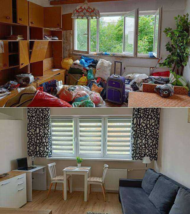 Zdjęcie przedstawia porównanie stanu pokoju przed i po pracach remontowych: górna część ukazuje zagracone pomieszczenie z otwartymi oknami, workami i starymi meblami, dolna część prezentuje...