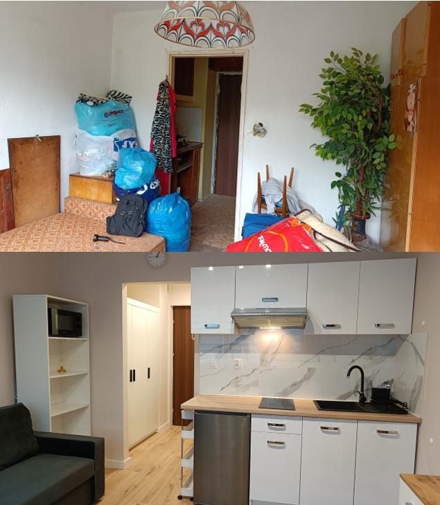 Porównanie stanu mieszkania przed i po remoncie: zagracony pokój z workami i starą kuchnią kontra nowoczesna, jasna kuchnia z białymi szafkami i drewnianym blatem.