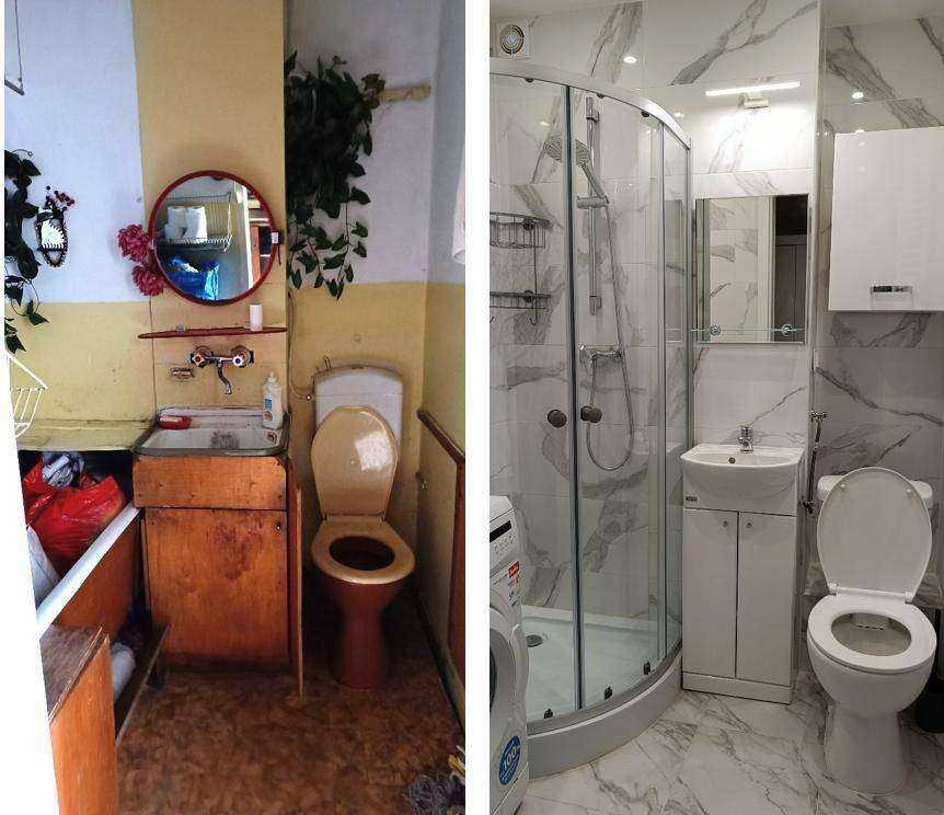 Zdjęcie przedstawia porównanie łazienki przed i po. Po lewej stronie stara, zaniedbana łazienka z brudną umywalką i toaletą. Po prawej stronie nowoczesna łazienka z kabiną prysznicową, marmurowymi...