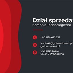 C3SOLUTIONS Kamil Puchała - Wizytówka firmy Guineu Investments w kolorystyce czerwono-szarej, z logo po lewej, danymi kontaktowymi działu sprzedaży po prawej, obejmującymi numer telefonu, adres e-mail i adres pocztowy.