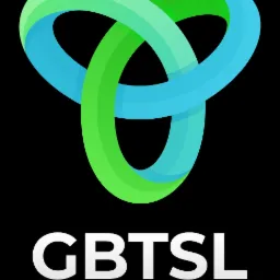 Logo firmy GBTSL Group z abstrakcyjnym symbolem splecionych, gradientowych okręgów w odcieniach zieleni i błękitu na czarnym tle.