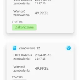 Ekran smartfona przedstawiający listę zamówień w aplikacji, z widocznymi szczegółami zamówień, takimi jak numer, data, godzina i wartość, oraz status 'Zakończone' dla jednego i 'Nowe' dla drugiego...