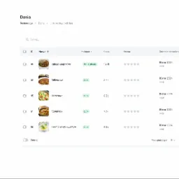 Interfejs aplikacji restauracyjnej z listą dostępnych dań: gulasz wieprzowy, gulaszowa, jarzynowa, kapuśniak i krem z białych warzyw, wraz z kategoriami, cenami i ocenami klientów.