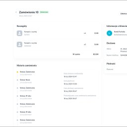 C3SOLUTIONS Kamil Puchała - Ekran interfejsu systemu zamówień cateringu z widocznymi szczegółami zamówienia numer 10, informacjami o kliencie Kamilu Puchała, adresem dostawy i historią statusów zamówienia od 23 stycznia 2024.
